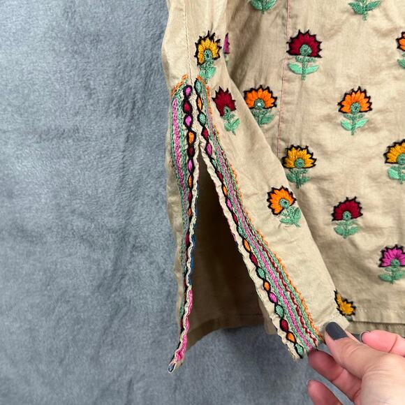 Generation Cottage Tunic Top Womens 8 Tan Embroidered Floral Smocked Modest Boho - Picture 3 of 16